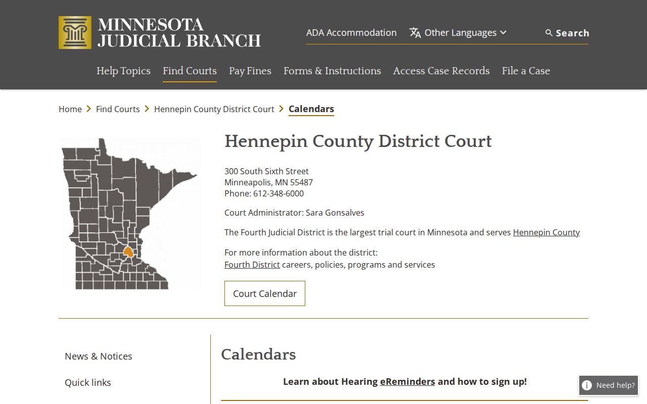 Hennepin County court calendar page for scheduled court records hearings