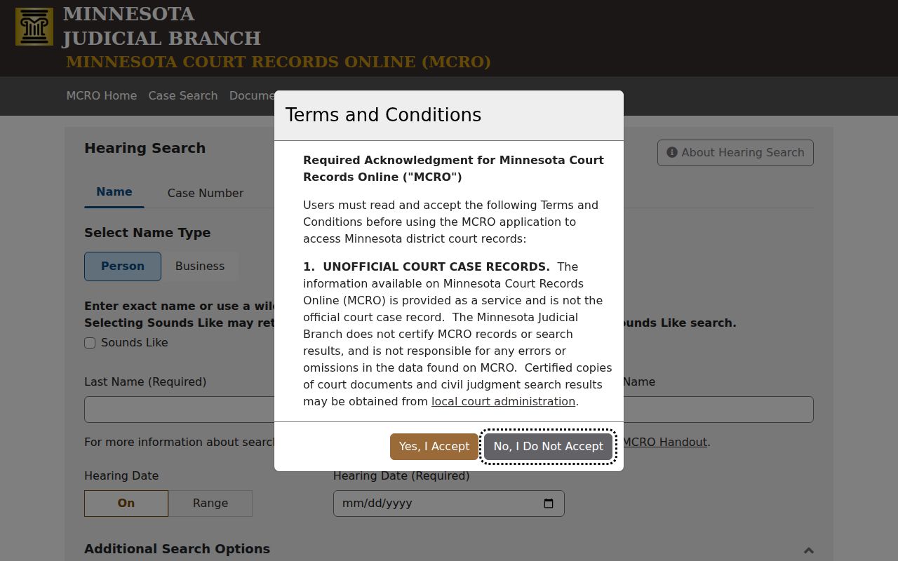 Hennepin County court calendar Hearing Search fields for court records