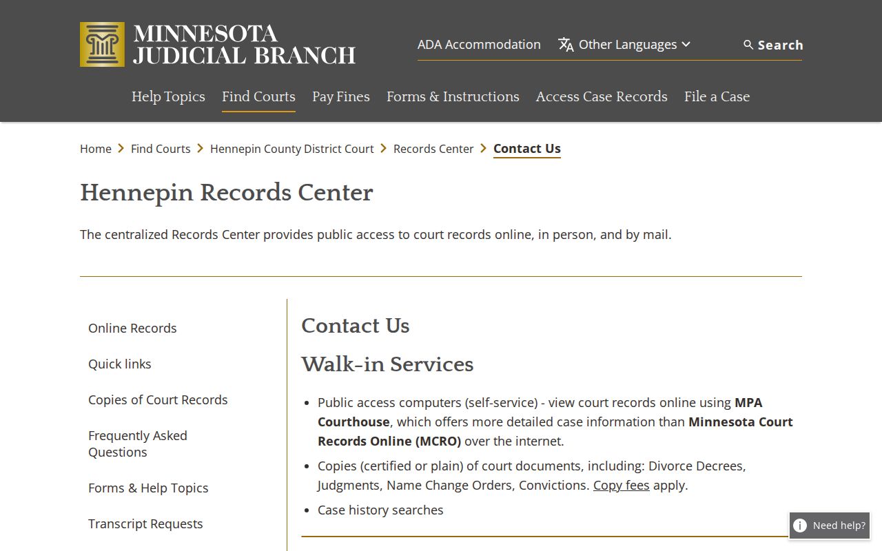 Hennepin County court calendar Records Center contact for court records