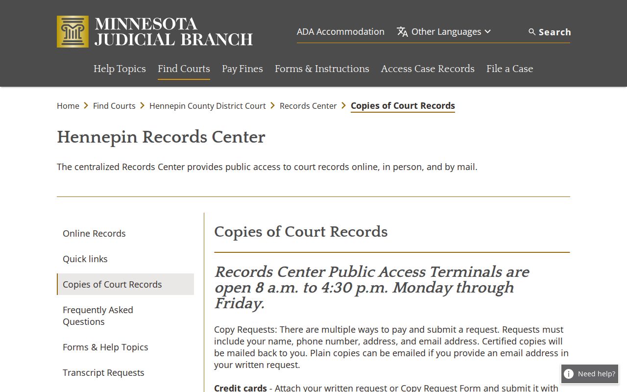 Hennepin court record copy request instructions