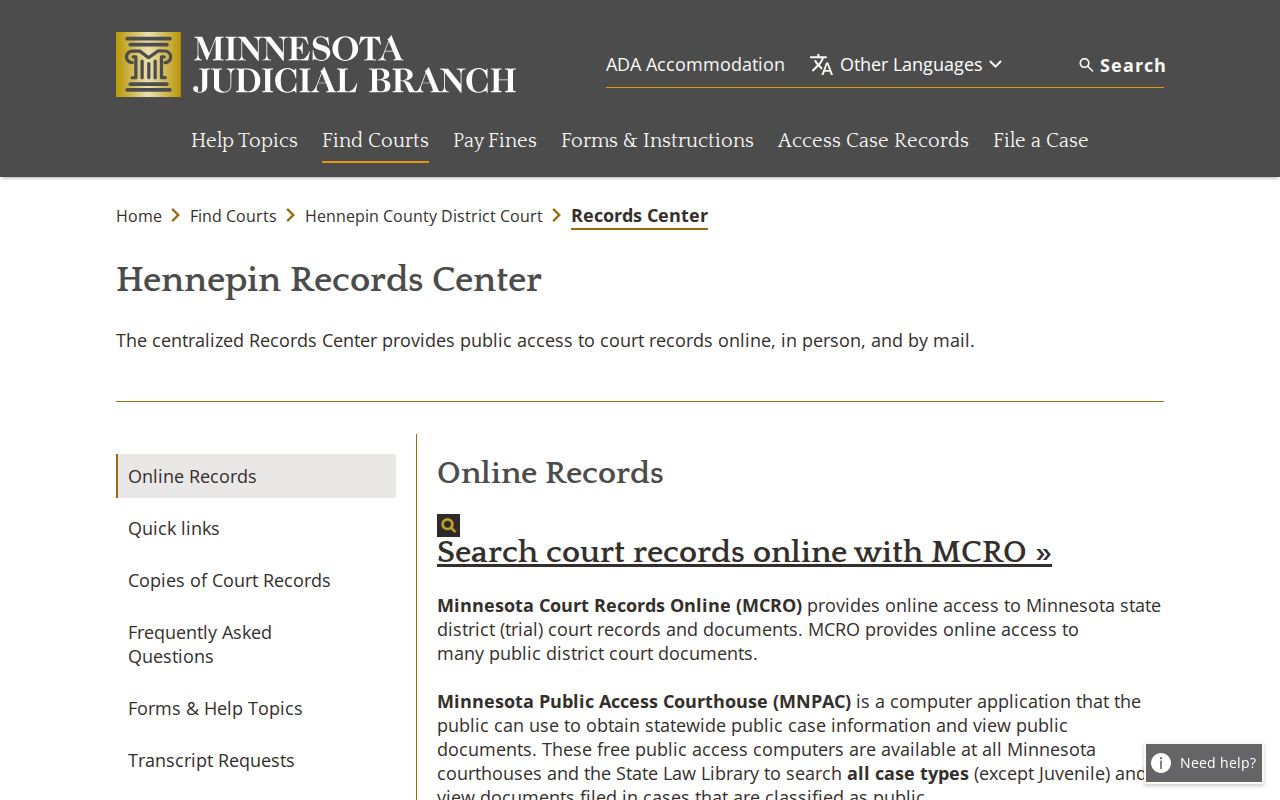 Hennepin court records center public access service