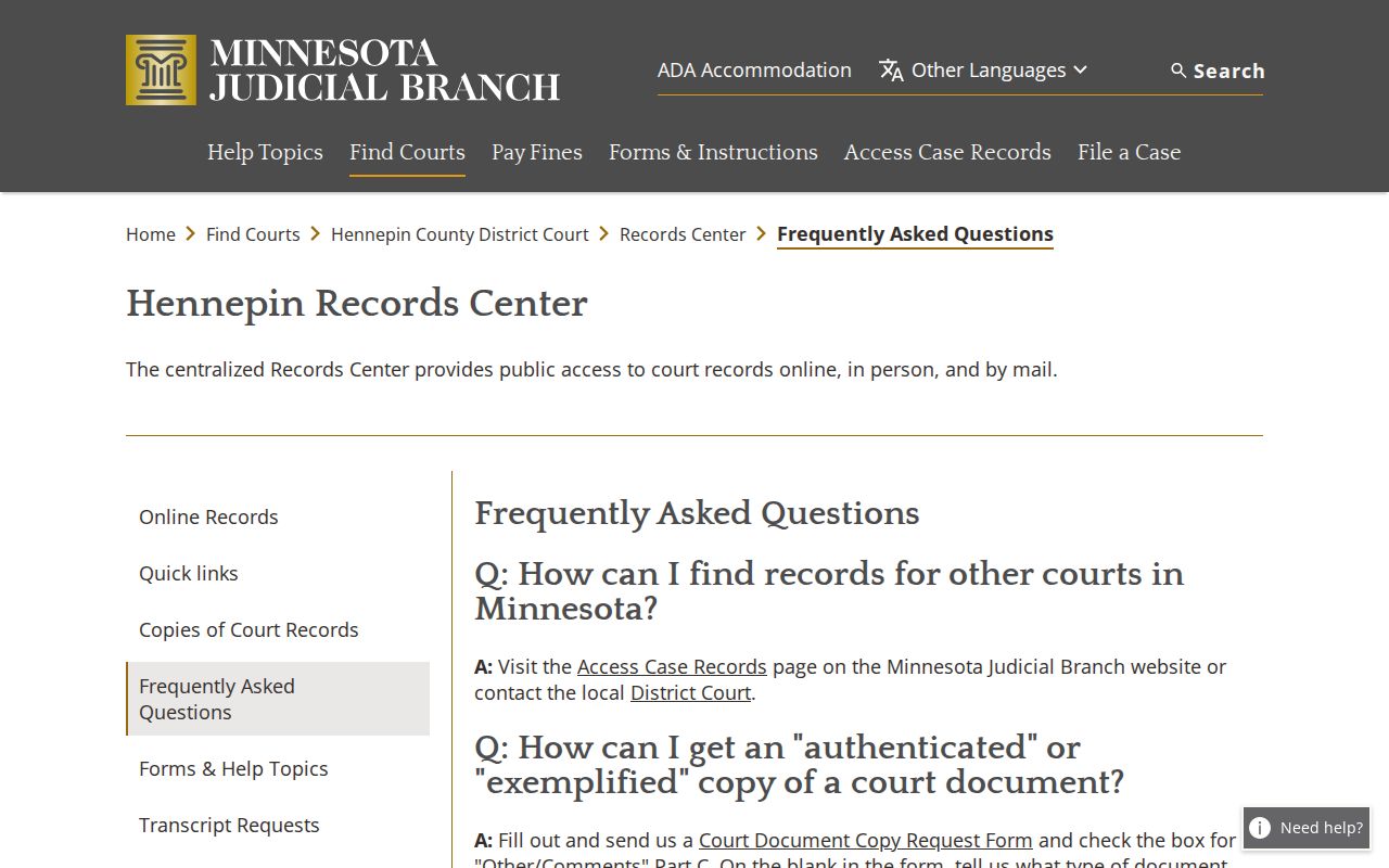 Hennepin court records access information