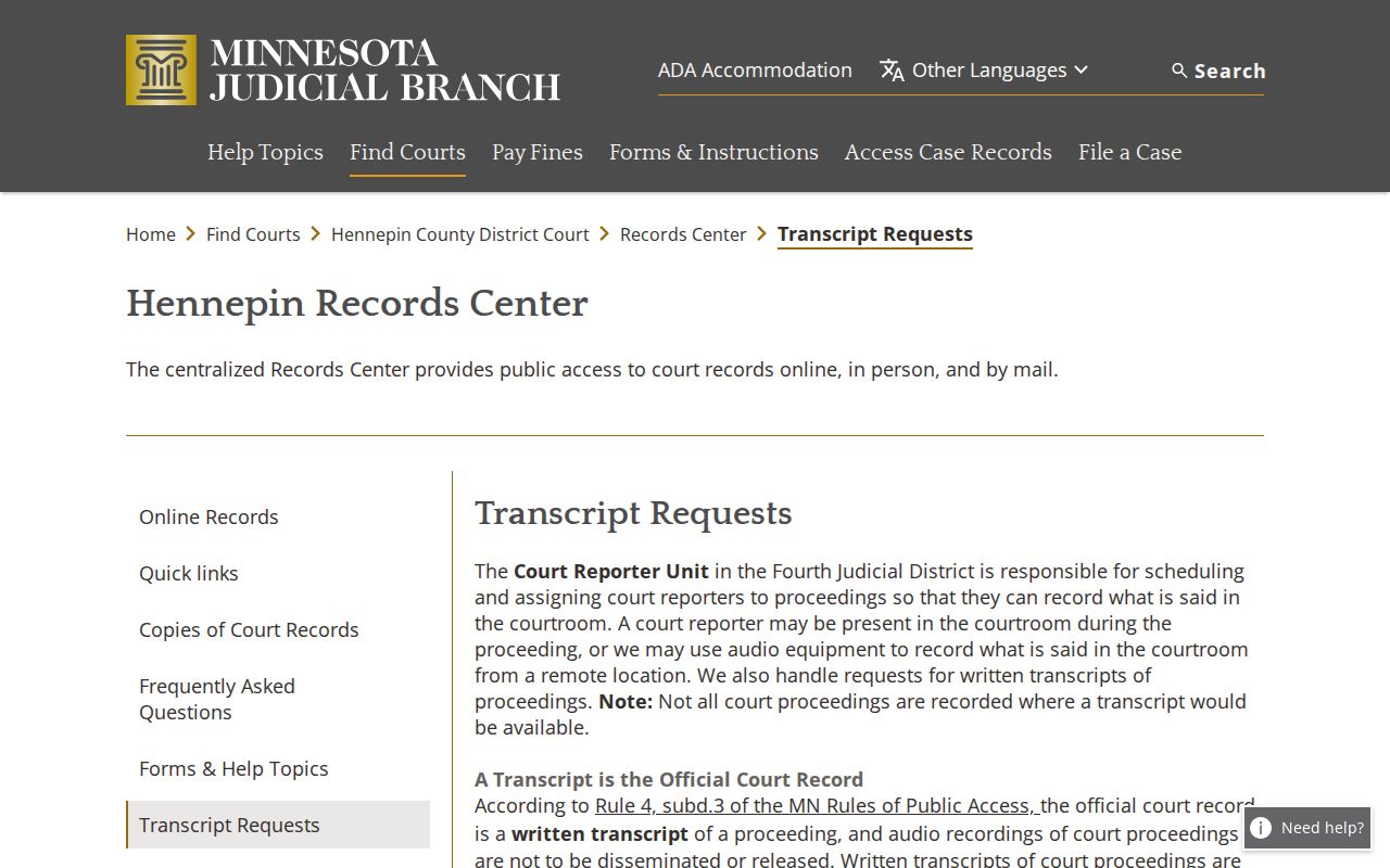 Hennepin court record transcript request information