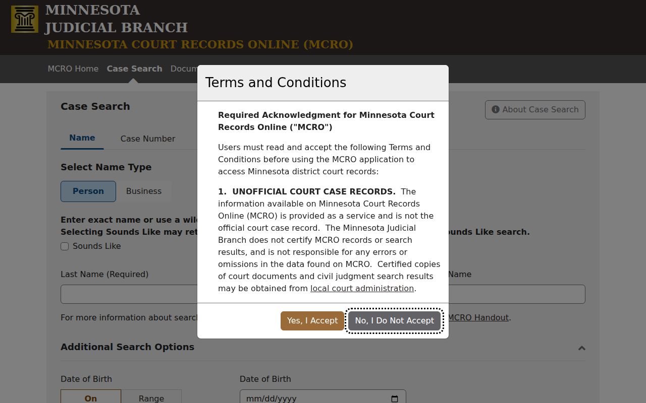 Hennepin criminal docket MCRO Case Search fields