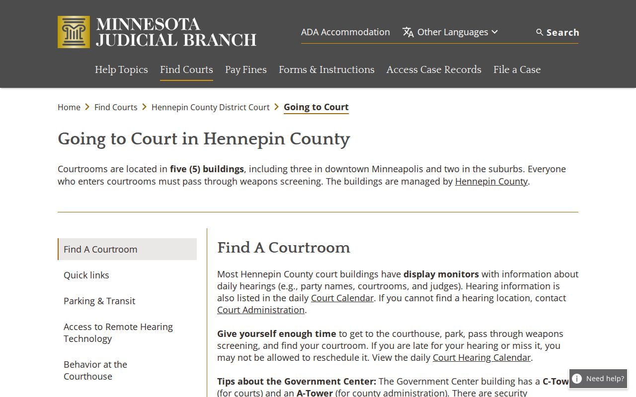 Hennepin County court docket courthouse access guidance