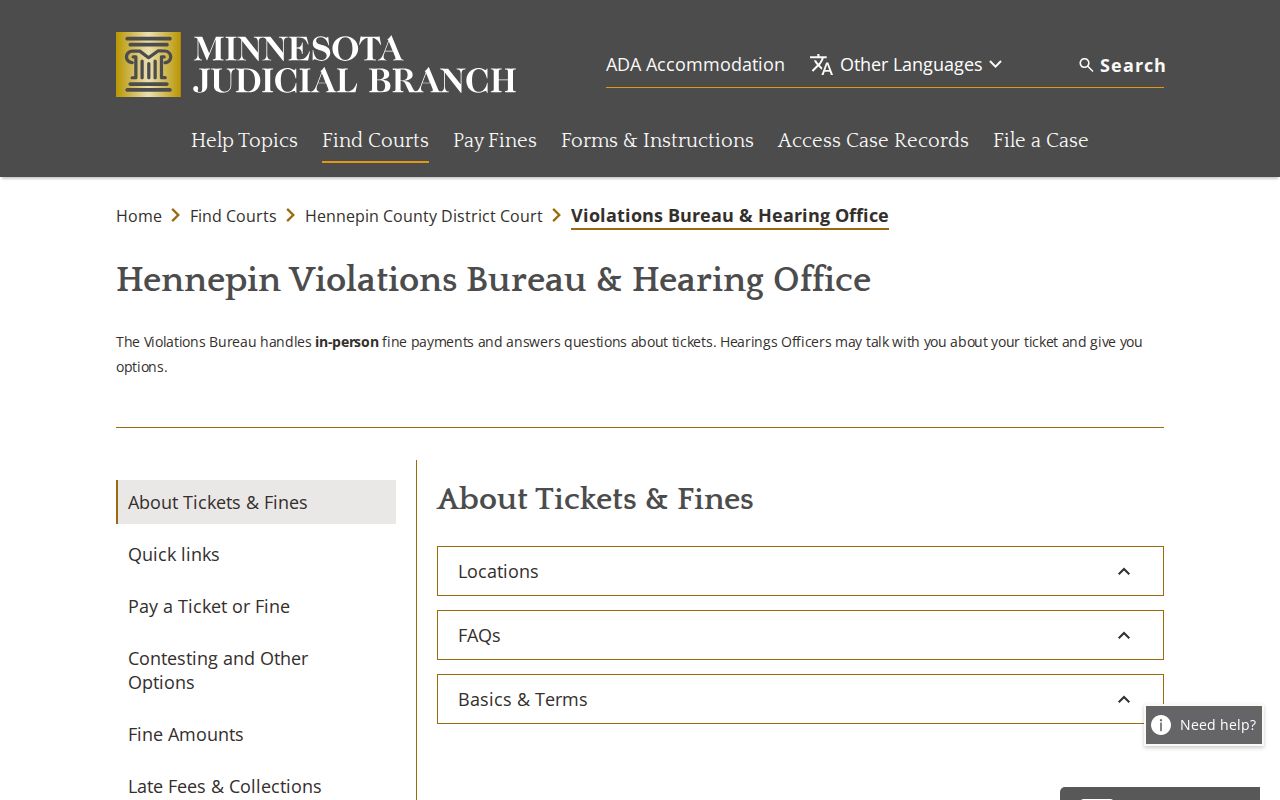 Hennepin traffic court records Violations Bureau and Hearing Office